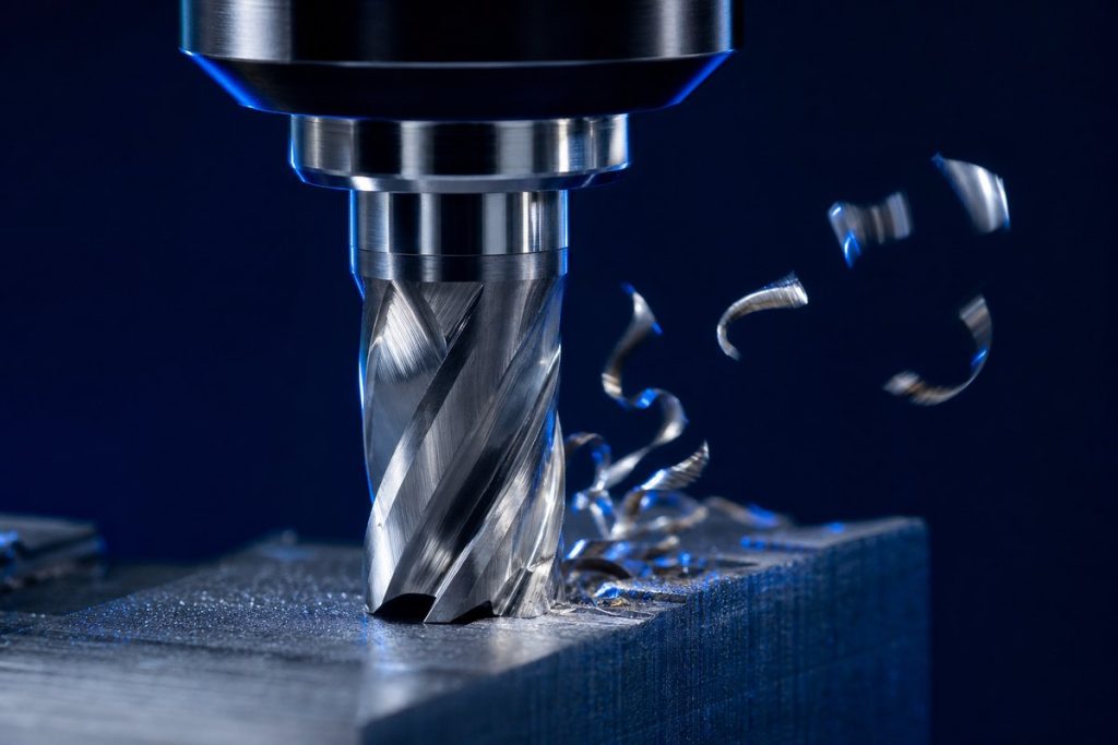 Chips being formed by each flute of an end mill