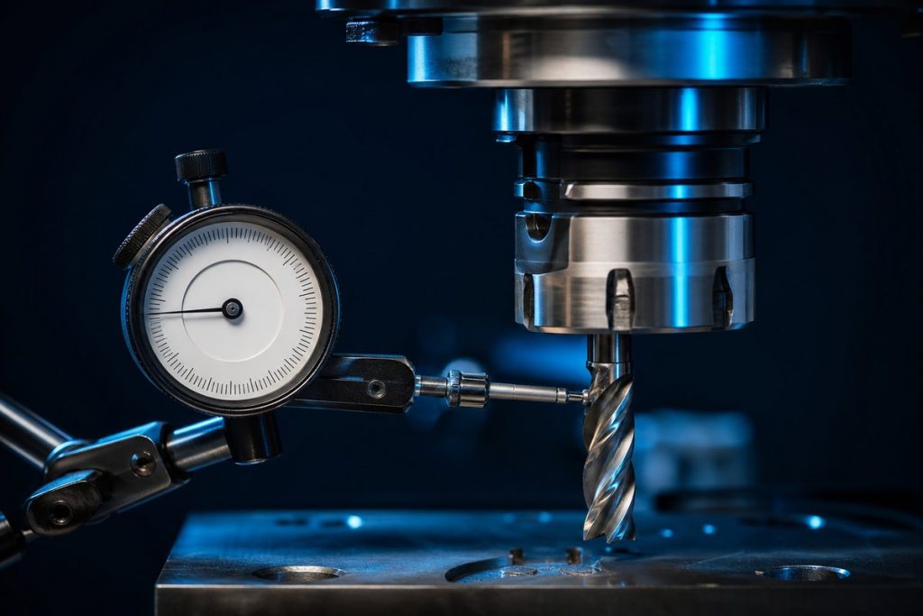 Dial indicator measuring end mill runout