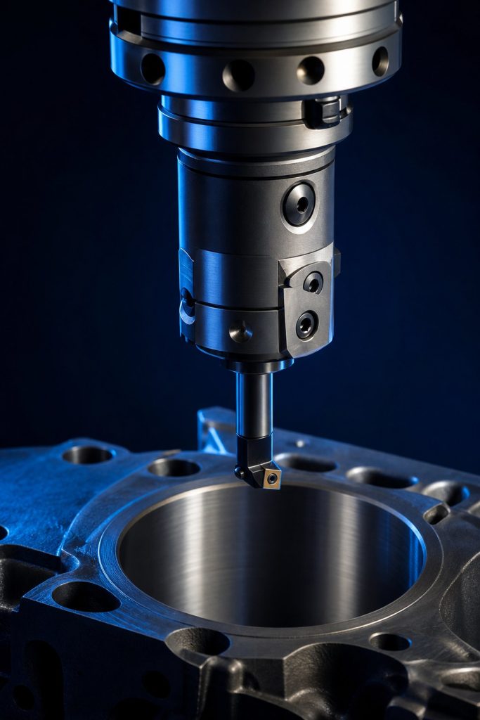 Adjustable boring head machining a bore
