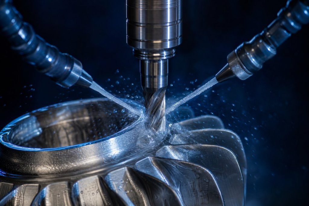 High pressure coolant jets aimed at a cutting edge
