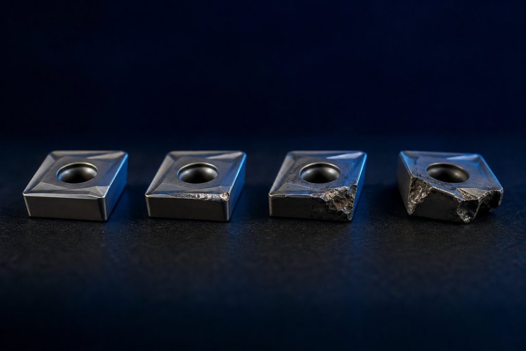 Carbide inserts showing progressive stages of wear