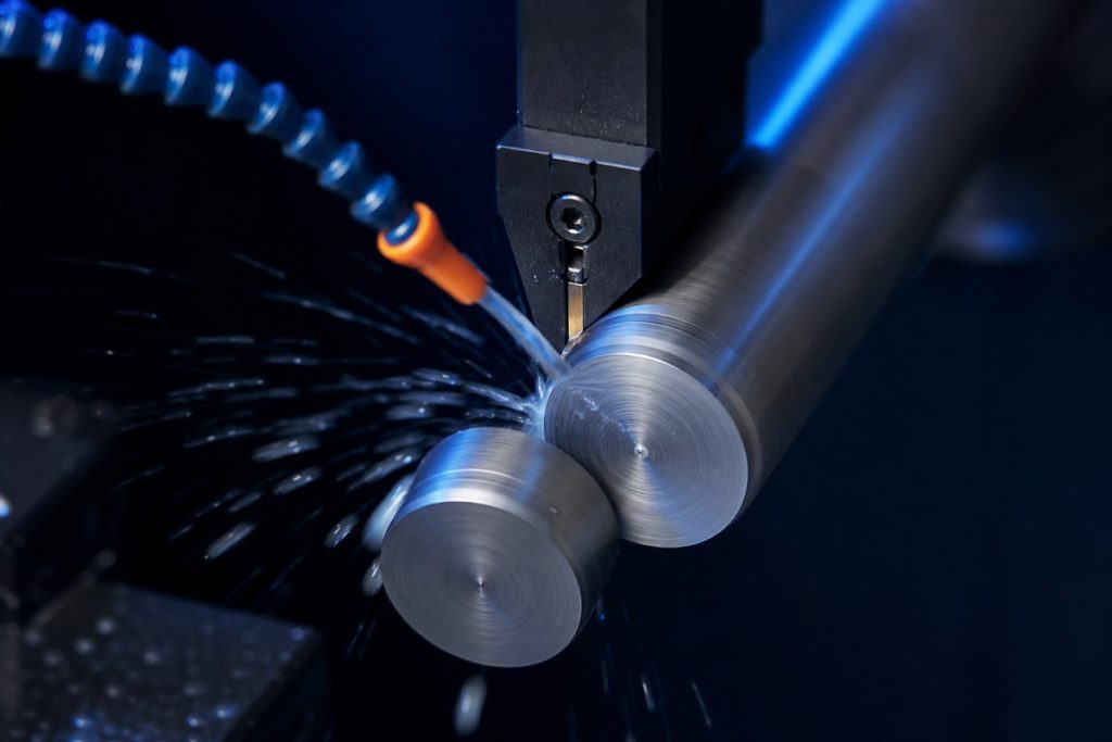 Parting insert cutting through a steel bar